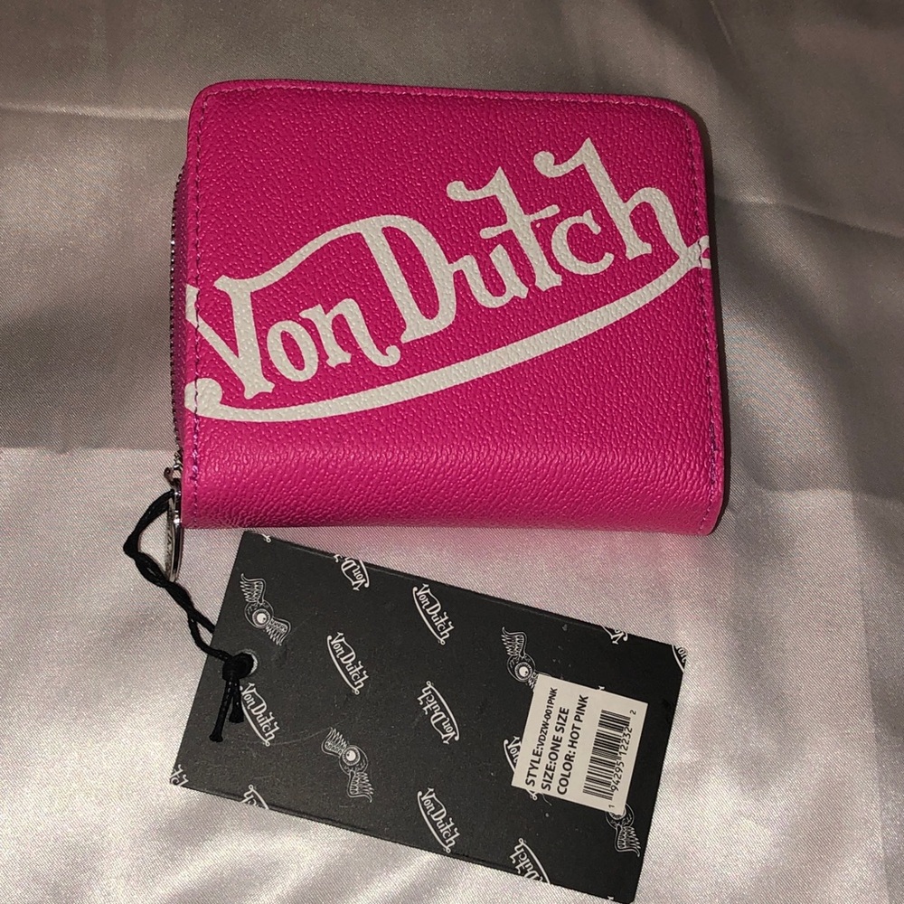 Von Dutch Hot Pink Zip Up Bifold Faux Leather Wallet White Logo Accent NWT